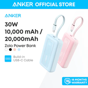 Anker Zolo Power Bank 20,000mAh 30W Portable Charger with Built-in USB-C Cable for Travel A1689