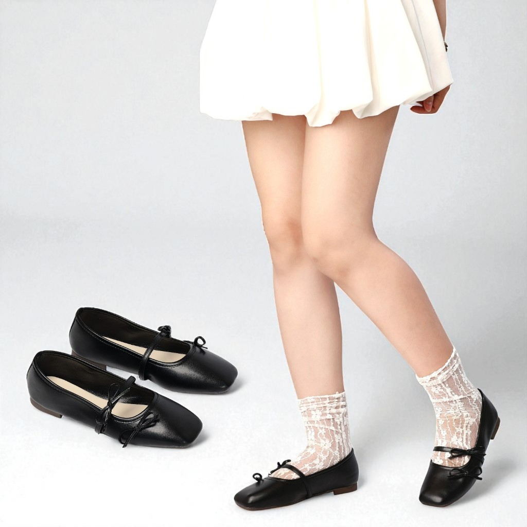 Giày Búp Bê Bệt Mũi Vuông Quai 2 Nơ Thanh Lịch Thời Trang Pixie H406