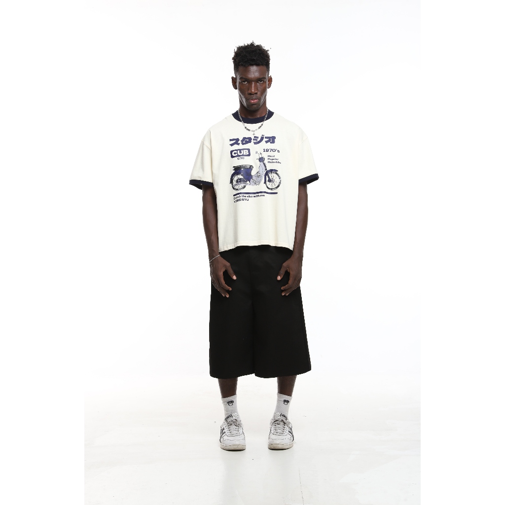 Áo Thun Phối Tay Local Brand VIBESTU " Motobike ", Áo Thun Boxy Form Rộng Unisex 250Gsm 100% Cotton
