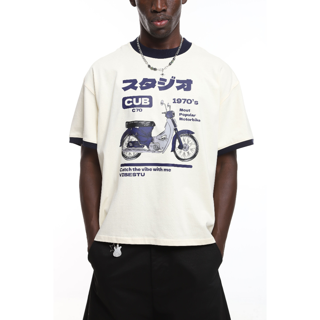 Áo Thun Phối Tay Local Brand VIBESTU " Motobike ", Áo Thun Boxy Form Rộng Unisex 250Gsm 100% Cotton