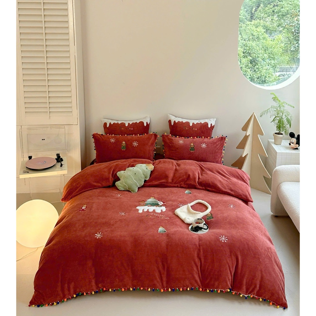 ( Tổng hợp 71) Set chăn ga nỉ nhung Memminbedding Luxury giáng sinh họa tiết dễ thương mềm mại, ấm áp cho mùa đông