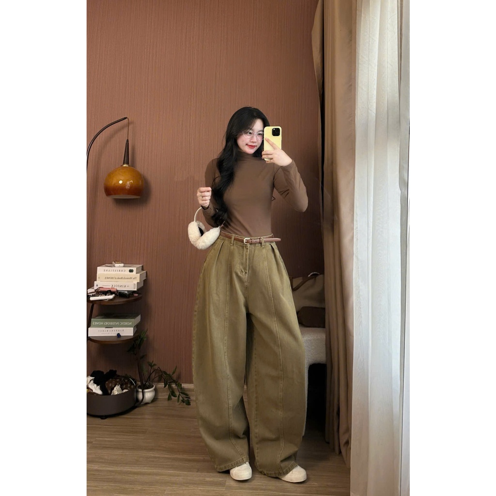 Quần Jeans Nâu Ống Cong Dang Rộng Phối Line Quần Jean Curved Leg Brown Line Tôn Dáng Siêu Đẹp Cho Nữ