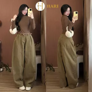 Quần jeans nữ Nâu Hari Ống Cong Dáng Jeans Harem Form Rộng Phong Cách Hàn
