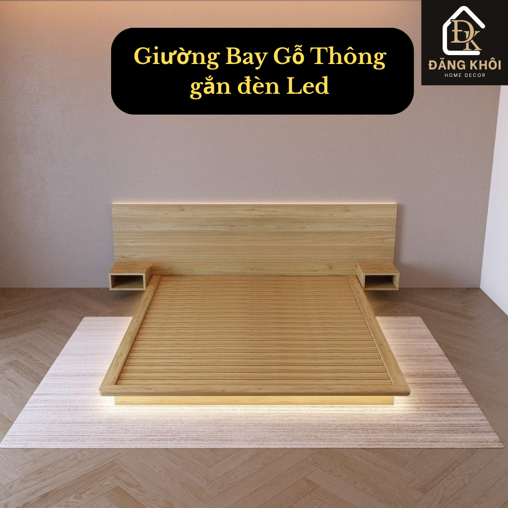 Giường Bay Gỗ Thông Gắn Đèn  LED – Giường Ngủ Lơ Lửng Kiểu Nhật Sang Trọng,  HOMDECOR