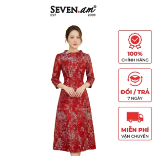 Đầm A đỏ gấm hoạ tiết trừu tượng thời trang nữ Seven.AM H632099I