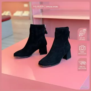 Giày bốt nữ, boot cổ thấp HÀ HUYỀN da lộn khóa sau mũi vuông viền sắt gót vuông 5cm - BT686