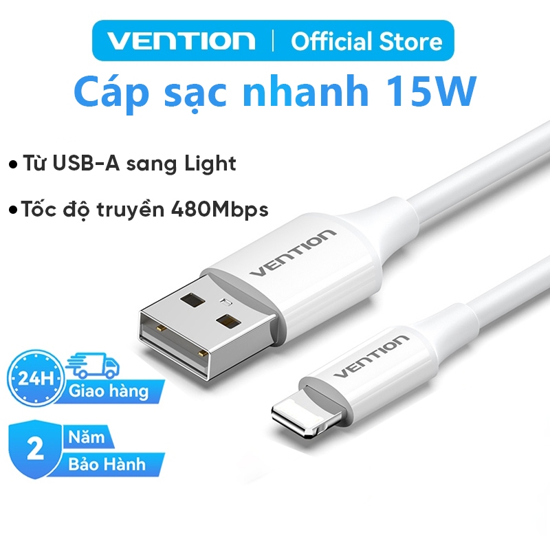 Cáp Sạc Nhanh 12W Vention USB-A Sang Light ,Sạc ổn định, Truyền Dữ Liệu nhanh,Dây dẻo bền