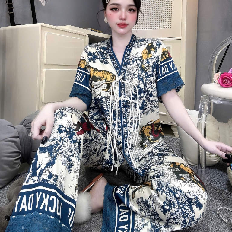 Đồ ngủ dễ thương,đồ bộ nữ đồ mặc nhà,set đồ nữ cổ Y nút thắt lụa mịn mát họa tiết cute hottrend[210]