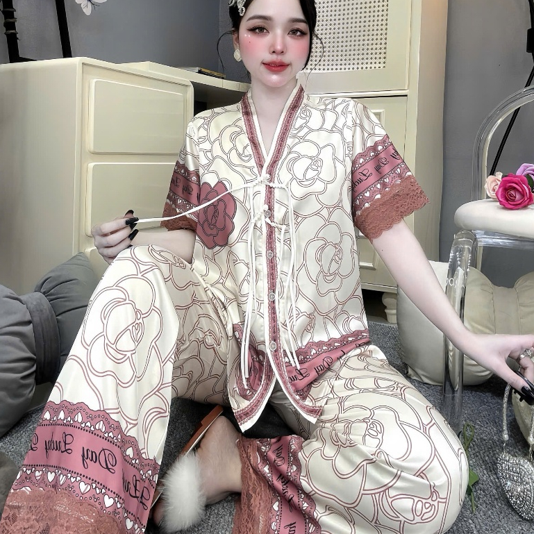 Đồ ngủ dễ thương,đồ bộ nữ đồ mặc nhà,set đồ nữ cổ Y nút thắt lụa mịn mát họa tiết cute hottrend[210]