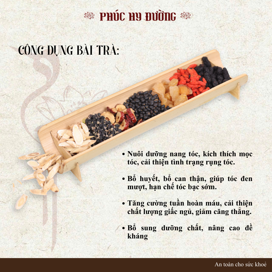 Trà Dưỡng Tóc Phúc Hy Đường - Giảm rụng, đen tóc, nuôi dưỡng tóc khỏe từ gốc
