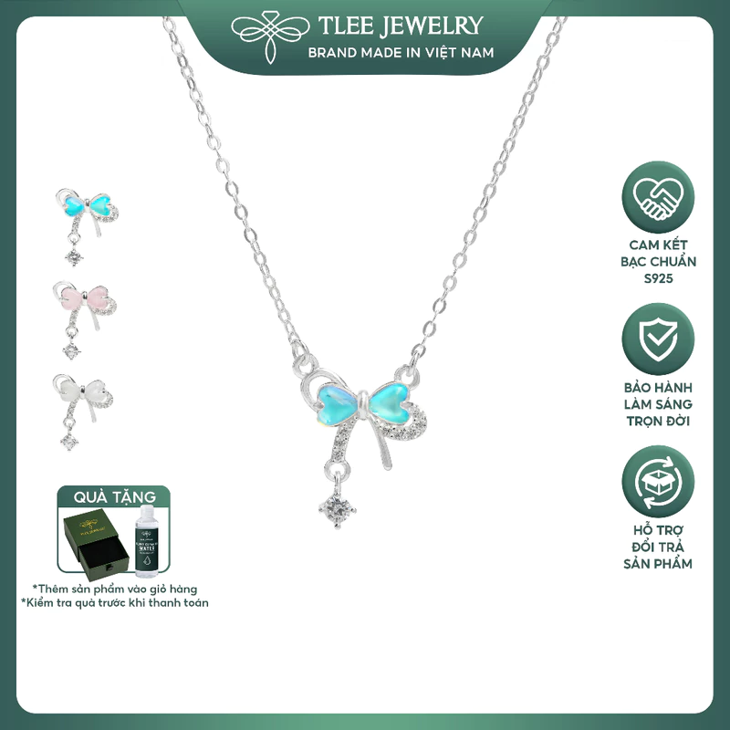 Dây chuyền bạc nữ TLEE vòng cổ nơ đính đá trái tim đa sắc treo hạt đá nhẩy nữ tính TLEE JEWELRY D0449 — ảnh 1