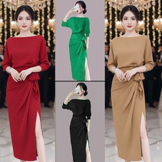 Đầm dự tiệc trung niên phom ôm body cổ thuyền nơ cao cấp