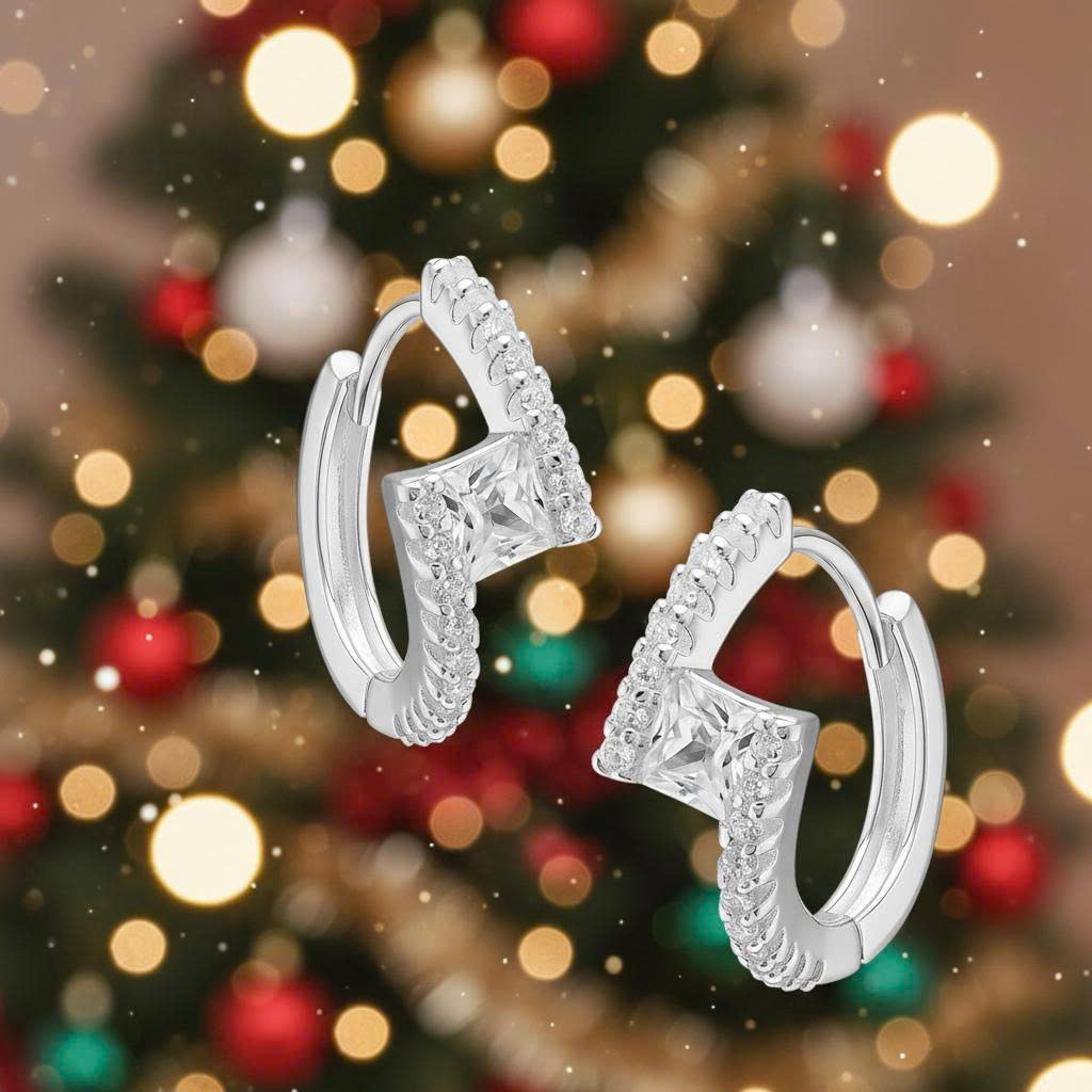 Khuyên tai bạc 925 dạng khoen mặt vuông đính đá Luna Jewelry