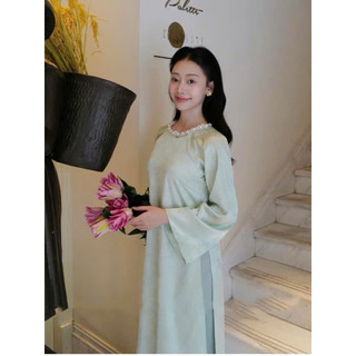 SET Áo Dài Lụa Gấm 3 Màu Cổ Tron Đính Kết Thủ Công Siêu Xinh . M08