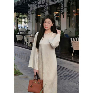 SET Áo Dài Lụa Gấm 3 Màu Cổ Tron Đính Kết Thủ Công Siêu Xinh . M08