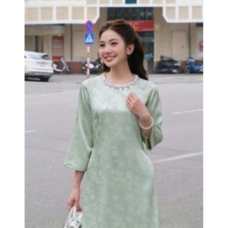 SET Áo Dài Lụa Gấm 3 Màu Cổ Tron Đính Kết Thủ Công Siêu Xinh . M08