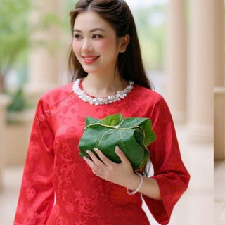 SET Áo Dài Lụa Gấm 3 Màu Cổ Tron Đính Kết Thủ Công Siêu Xinh . M08