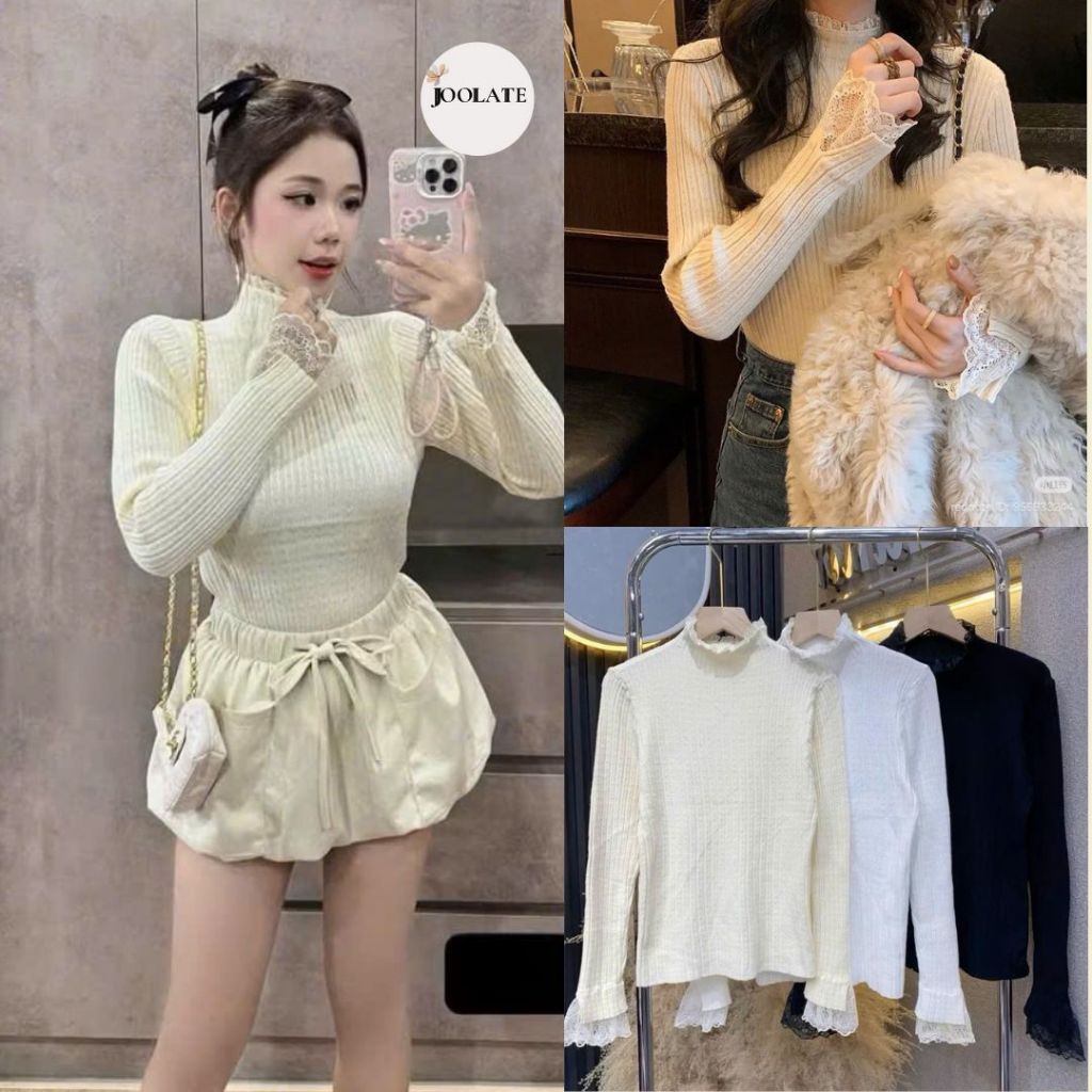 Áo Len Mỏng Giữ Nhiệt Nữ Phối Ren Cổ Tay – Style Tiểu Thư Ulzzang Xinh Xắn Joolate 0112 P0K12
