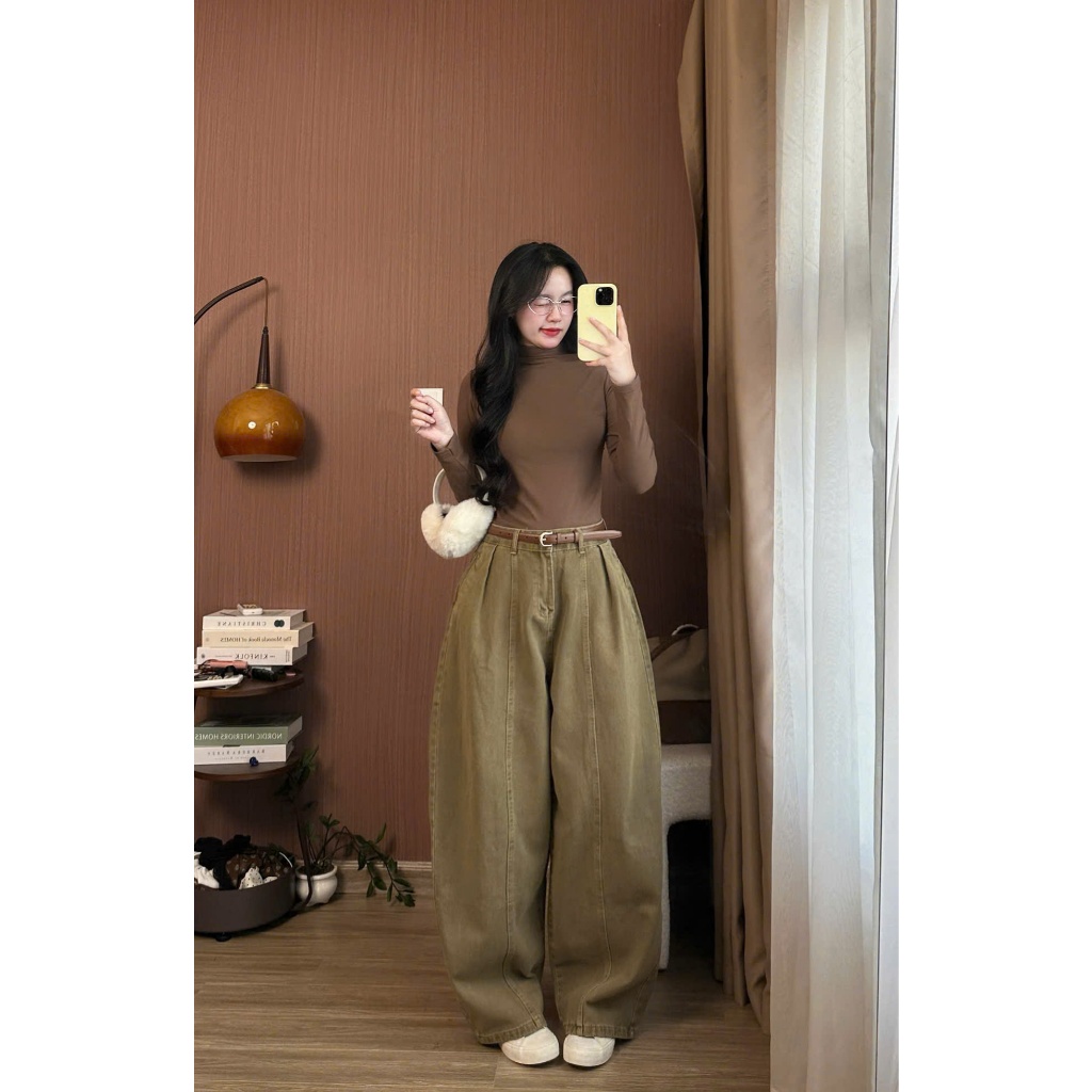 Quần Jeans Nâu Ống Cong Dang Rộng Phối Line Quần Jean Curved Leg Brown Line Tôn Dáng Siêu Đẹp Cho Nữ