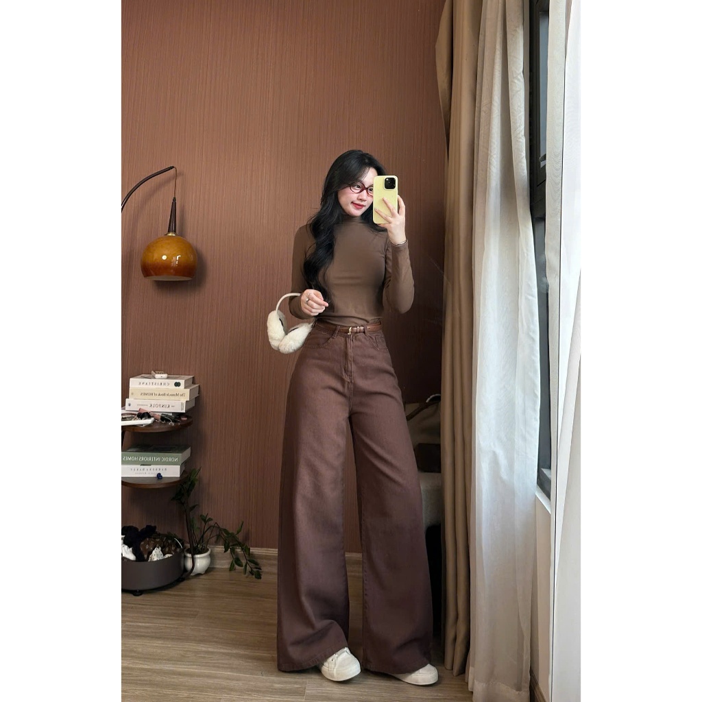 Quần Jean Nâu Ống Loe Nữ Joolate Quần Jeans Harem Form Rộng Loe nhẹ Phong Cách Hàn Quốc Siêu Xinh