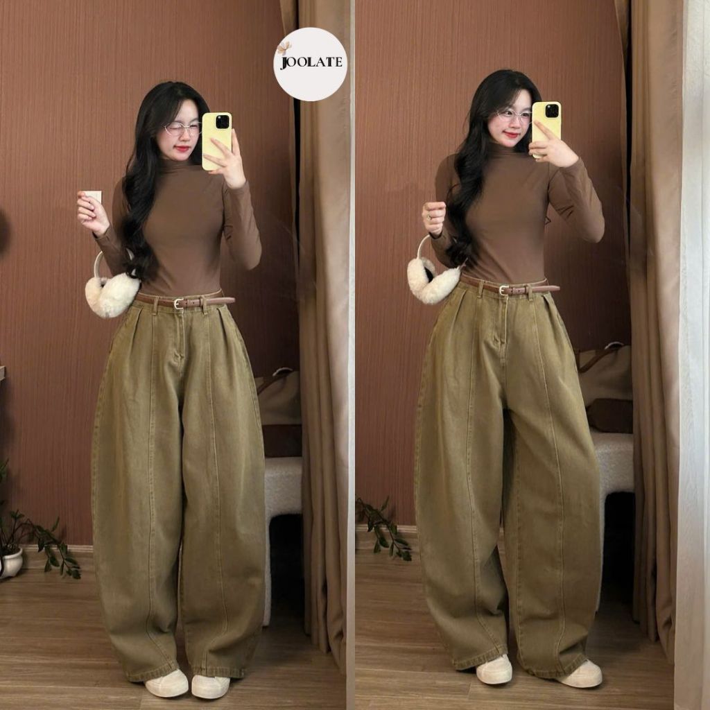 Quần Jeans Nâu Ống Cong Dang Rộng Phối Line Quần Jean Curved Leg Brown Line Tôn Dáng Siêu Đẹp Cho Nữ