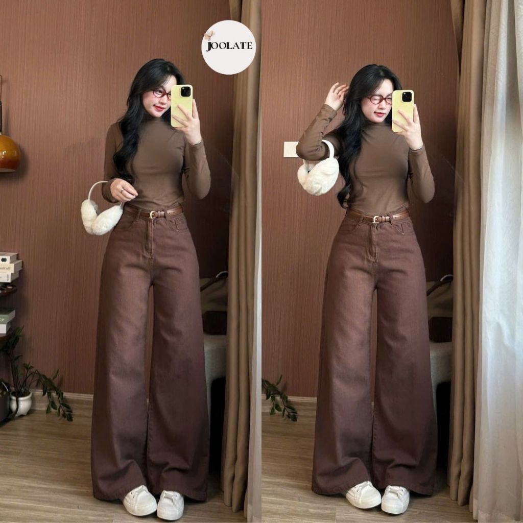 Quần Jean Nâu Ống Loe Nữ Joolate Quần Jeans Harem Form Rộng Loe nhẹ Phong Cách Hàn Quốc Siêu Xinh