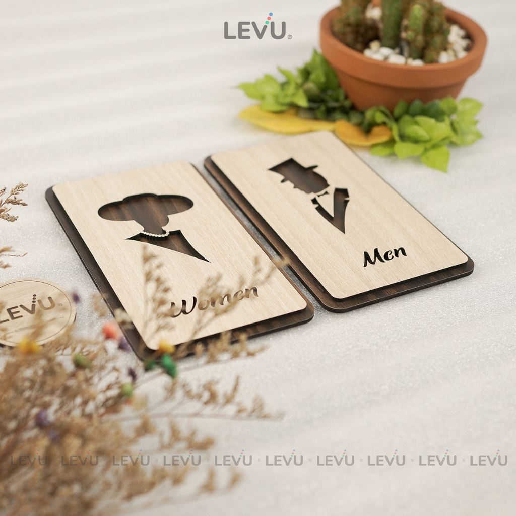 Bảng gỗ trang trí cửa nhà vệ sinh Men Women kiểu dáng thanh lịch LEVU-TL34