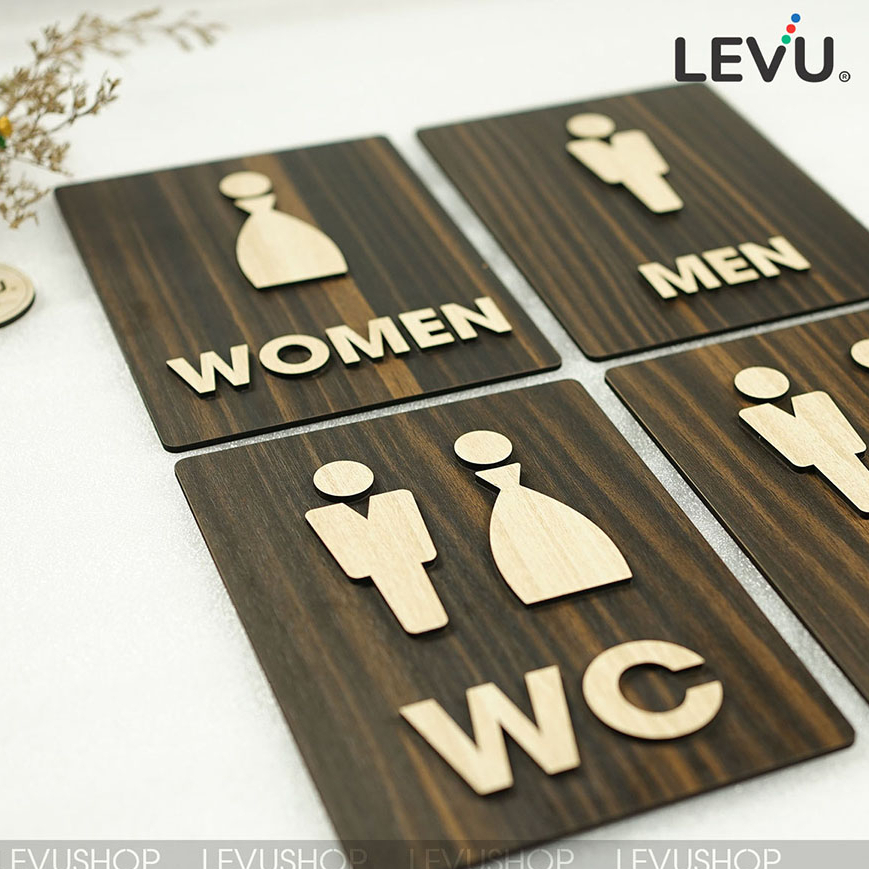 Bảng WC Men Women trang trí bằng gỗ chữ nổi 3D có sẵn keo dán tường khu vực cửa nhà vệ sinh LEVU TL41