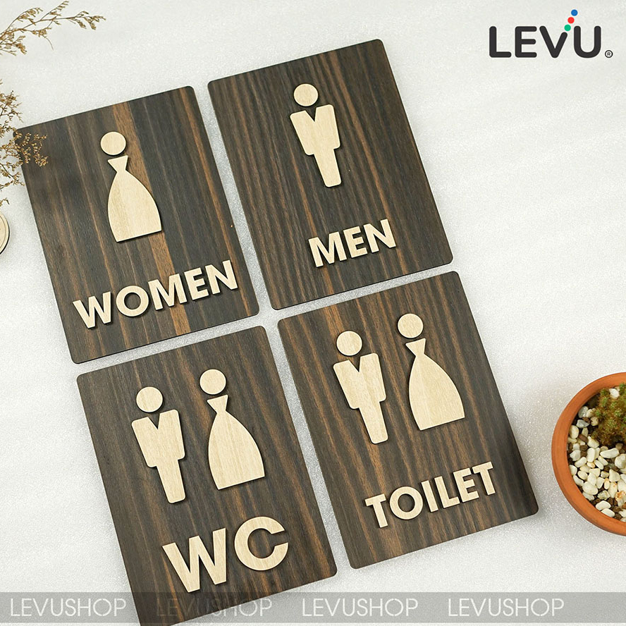 Bảng WC Men Women trang trí bằng gỗ chữ nổi 3D có sẵn keo dán tường khu vực cửa nhà vệ sinh LEVU TL41