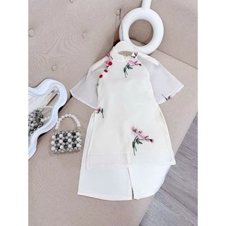 Áo dài cặp cho mẹ và bé áo hồng quần trắng sz 10-60kg, áo dài cho bé gái chất tơ lụa