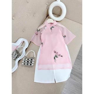 Áo dài cặp cho mẹ và bé áo hồng quần trắng sz 10-60kg, áo dài cho bé gái chất tơ lụa