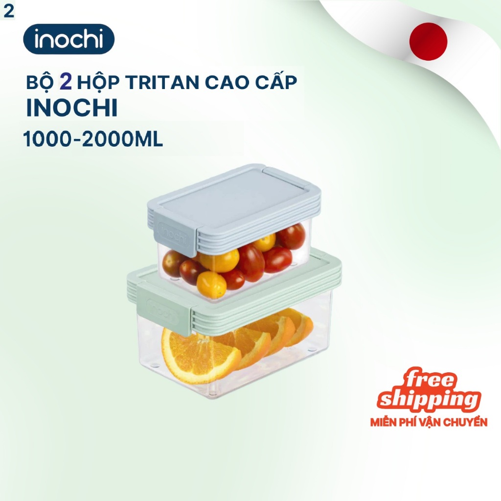 BỘ 2 HỘP THỰC PHẨM TRITAN chữ nhật Inochi- Hokaido 1000-2000ml nhựa tritan cao cấp, chịu nhiệt cao