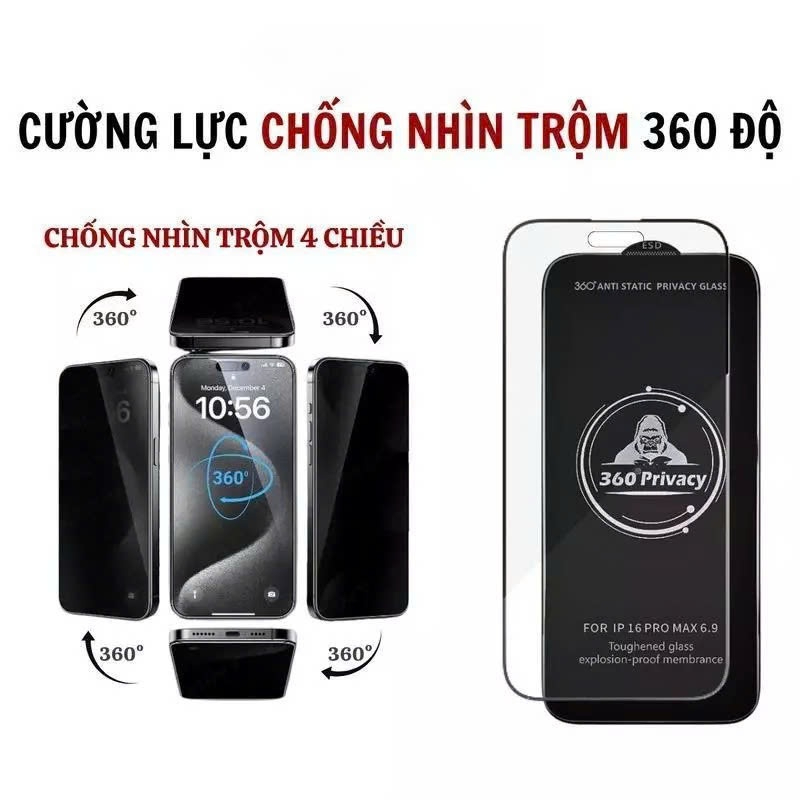 Kính cường lực KK chống nhìn trộm 360 độ hạn chế vân tay cho IPhone 11 12 13 14 15 16 17Promax Pro