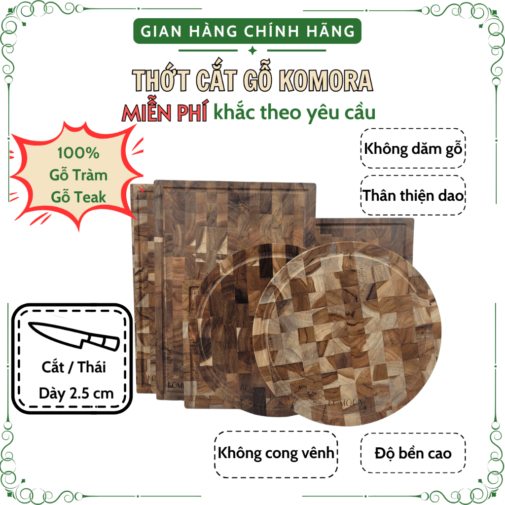 [Thớt Cắt/Thái] Thớt Gỗ KOMORA, Miễn Phí Khắc Theo Yêu Cầu, Quà Tặng Ý Nghĩa, Không Dăm Gỗ, Bền Chắc, Độ Bền Cao