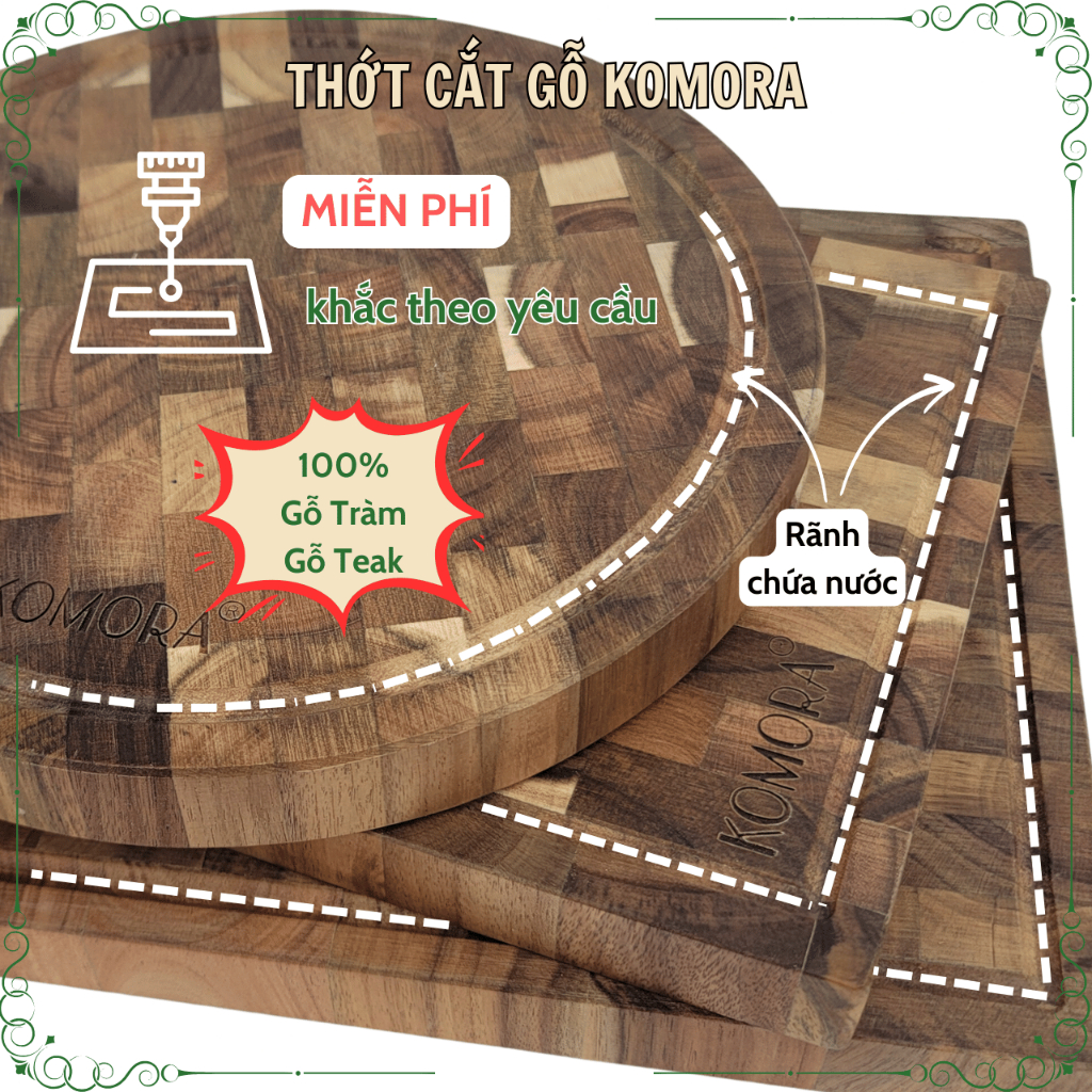 [Thớt Cắt/Thái] Thớt Gỗ KOMORA, Miễn Phí Khắc Theo Yêu Cầu, Quà Tặng Ý Nghĩa, Không Dăm Gỗ, Bền Chắc, Độ Bền Cao