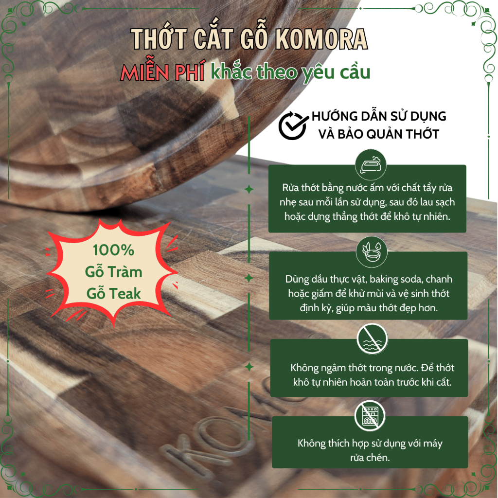 [Thớt Cắt/Thái] Thớt Gỗ KOMORA, Miễn Phí Khắc Theo Yêu Cầu, Quà Tặng Ý Nghĩa, Không Dăm Gỗ, Bền Chắc, Độ Bền Cao