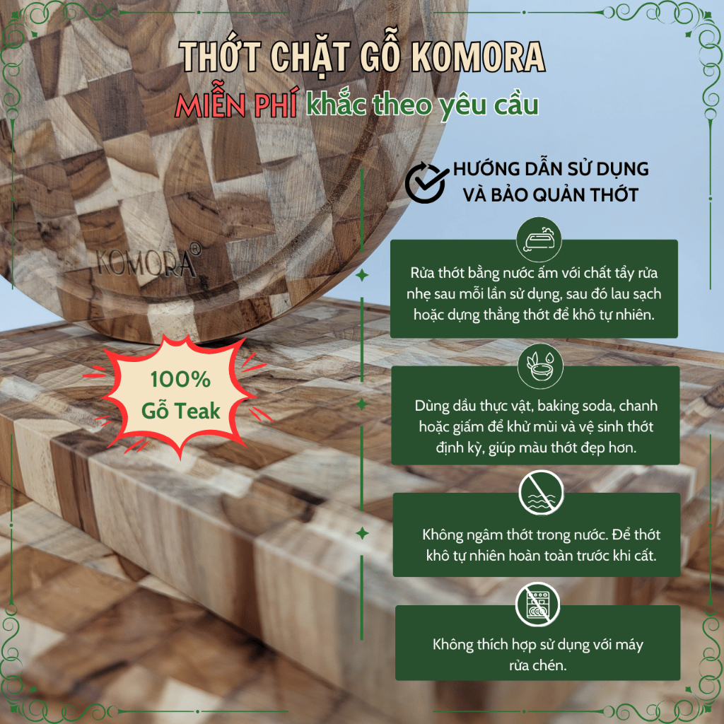 [Thớt Chặt] Thớt Gỗ KOMORA, Miễn Phí Khắc Theo Yêu Cầu, Quà Tặng Ý Nghĩa, Không Dăm Gỗ, Bền Chắc, Độ Bền Cao