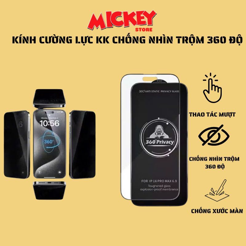 Kính cường lực KK chống nhìn trộm 360 độ hạn chế vân tay cho IPhone 11 12 13 14 15 16 17Promax Pro
