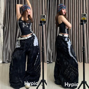 Quần Jeans Ống Rộng Đen Loang Xỏ Dây Phong Cách Bụi Bặm Cá Tính Streetstyle Unisex M.I.O STORE