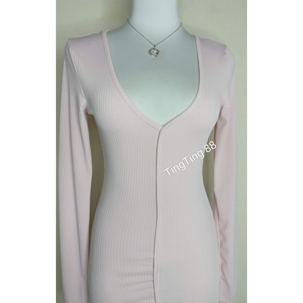 Đầm Body Dài Tay Cổ Tim Khoét Ngực Sâu Váy Xanh Than Thun Gân Mỏng, Ngắn Sexy