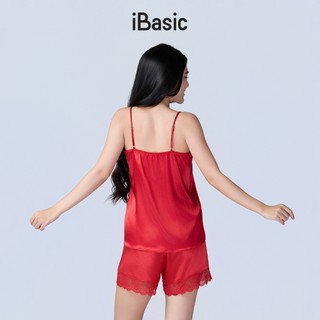 [SEASON OF LOVE] Đồ ngủ Bộ mặc nhà nữ 2 dây lụa satin phối ren iBasic gợi cảm màu đỏ HOMW058