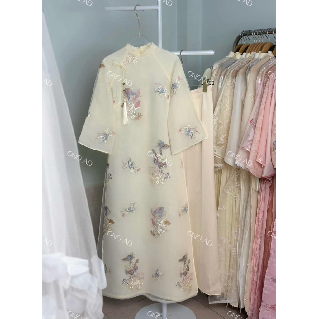 Áo Dài BẠCH ĐIỆP dáng suông cổ truyền thống, tay lửng dài gần cổ tay(XS-8XL)