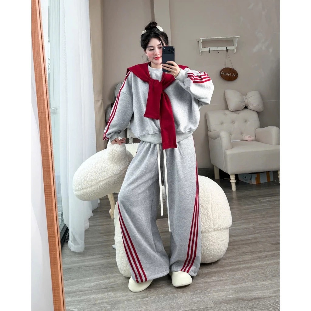 sét Áo Nỉ thuỷ thủ dài tay sọc đỏ kèm khăn nơ xinh xắn dễ thương hottrend 2025