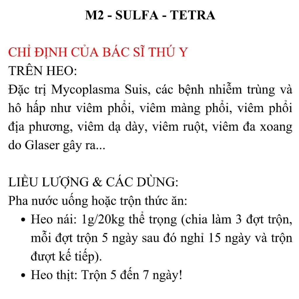 100G M2 SULFA TETRA, HỖ TRỢ NÂNG CAO ĐỀ KHÁNG HỆ HÔ HẤP VÀ TIÊU HÓA, MYCOPLASMA SUIS