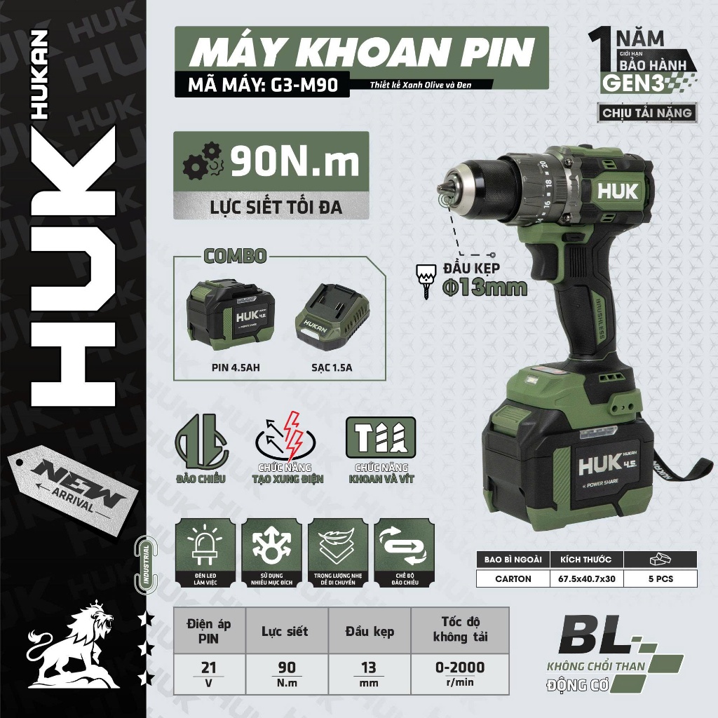 Máy Khoan Pin 3 Chức Năng HUKAN (GEN 3) G3-M90 | 13mm, Lực Siết 90N.m, Pin 4.5Ah-8C, Động Cơ Không Chổi Than