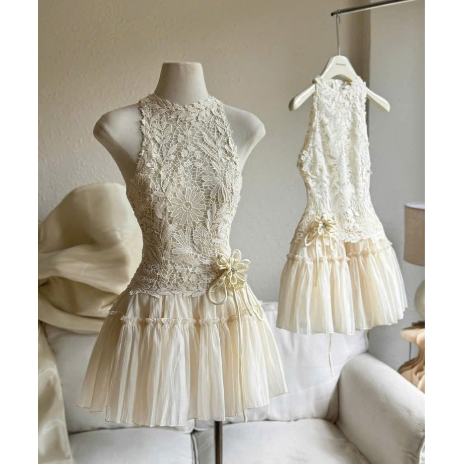 NTV CLOTHINGS Đầm yếm ren hoa sát nách phối voan sang chảnh tôn dáng gợi cảm 014