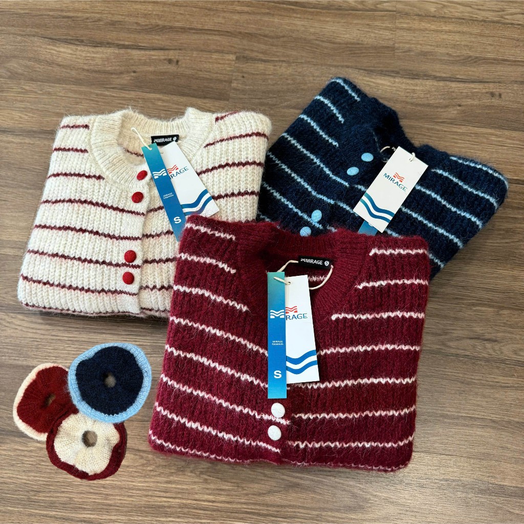 Áo Khoác Cardidgan Mirage Sọc Ngang Kèm Scunchies Hot Trend Local Brand Chất Len Mềm Mịn.