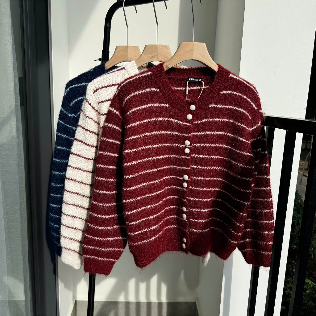 Áo Khoác Cardidgan Mirage Sọc Ngang Kèm Scunchies Hot Trend Local Brand Chất Len Mềm Mịn.