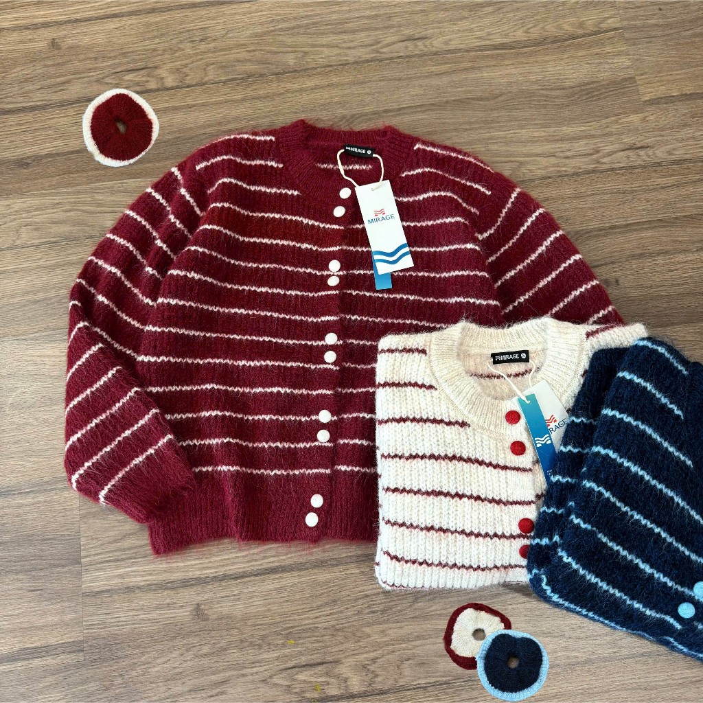 Áo Khoác Cardidgan Mirage Sọc Ngang Kèm Scunchies Hot Trend Local Brand Chất Len Mềm Mịn.