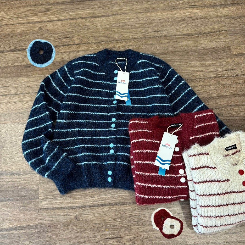 Áo Khoác Cardidgan Mirage Sọc Ngang Kèm Scunchies Hot Trend Local Brand Chất Len Mềm Mịn.